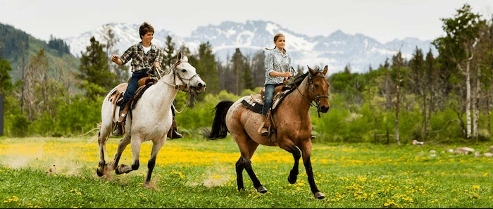 Confident plus-size woman riding Sandy a horse through a field with a smile on her face.